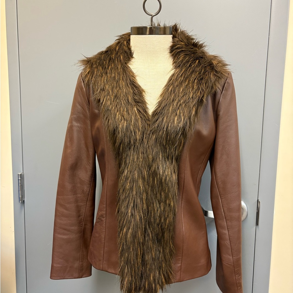 Marvin Richards Medium Brown Leather Jacket with Faux Fur Trim